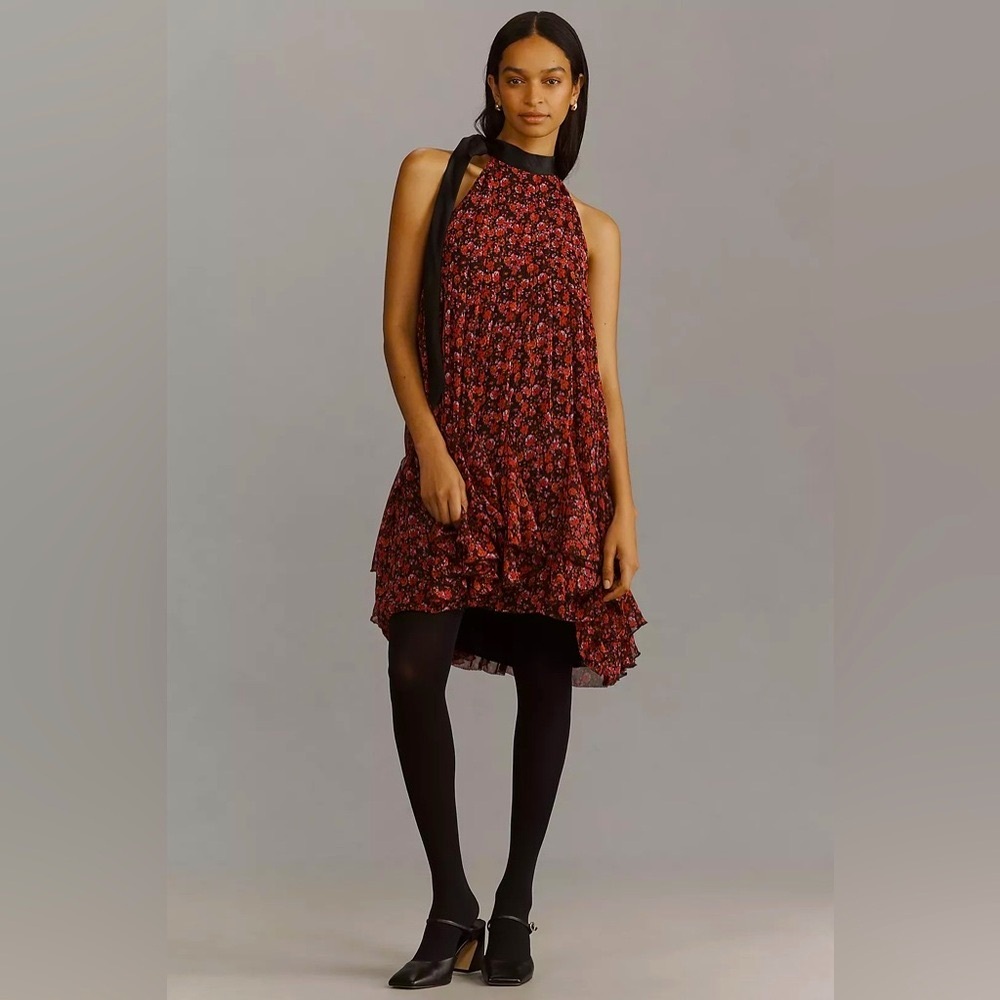 Anthropologie Tie-Neck Halter Ruffled floral Mini Dress